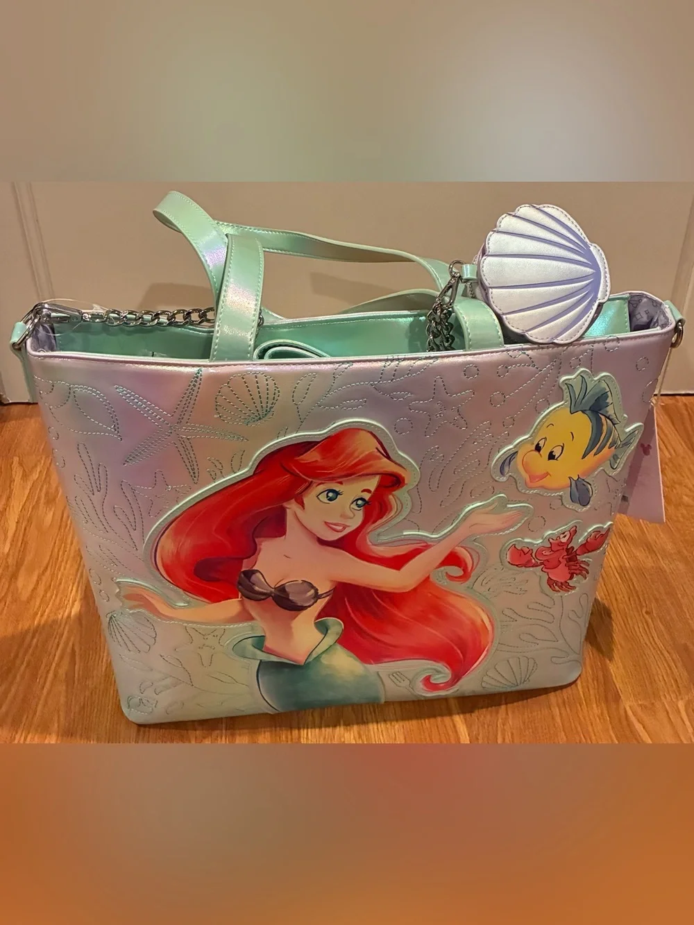 New Loungefly Iridescent Mermaid Ariel Tote in Mint and Red